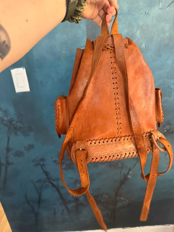 Vintage Leather Backpack with floral design from Mexico - photo 2