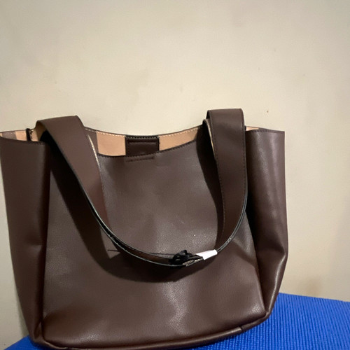 A New Day Brown Medium Solid Tote Bag Double Handles Beige Linin