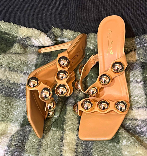 Anne Michelle Women’s Beige Mule Heels Square Toe Studded 8