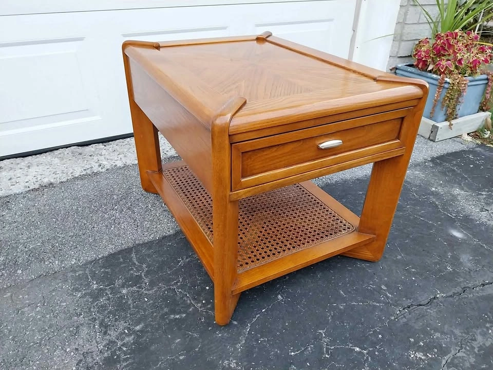 Vintage Sklar Peppler Oak End Table with Cane Shelf