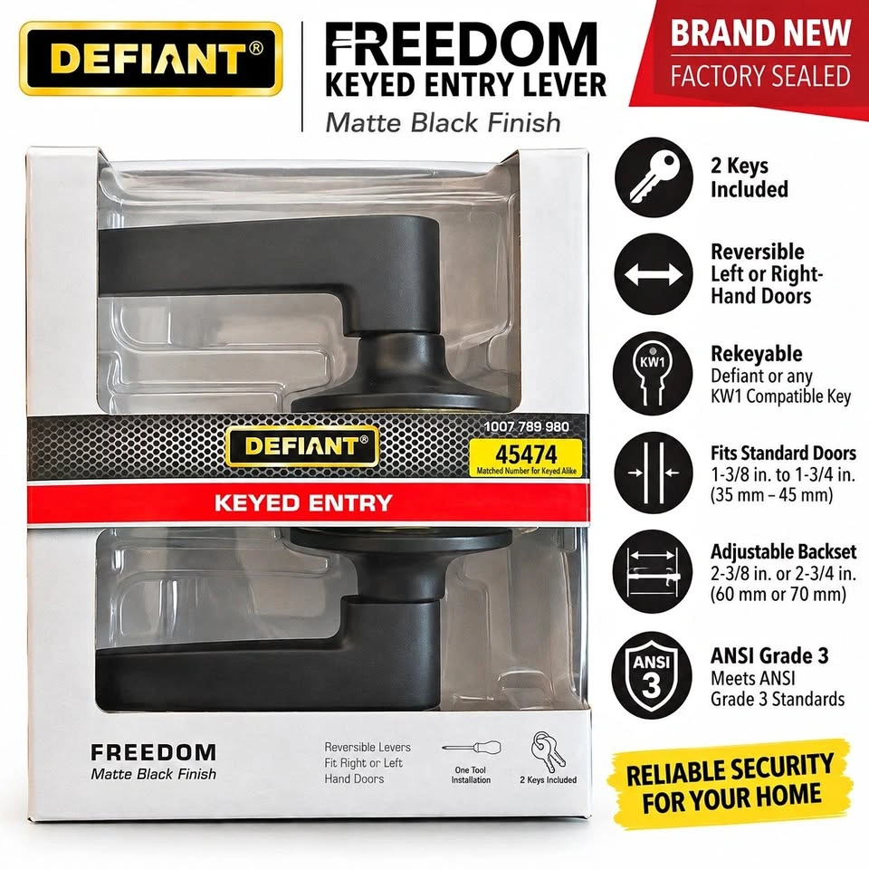 Defiant Freedom Matte Black Keyed Entry Door Lever - New