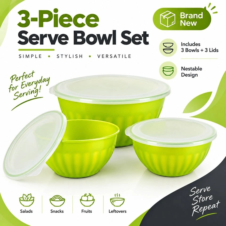 3-Piece Lime Green Serving Bowl Set with Lids - Brand New