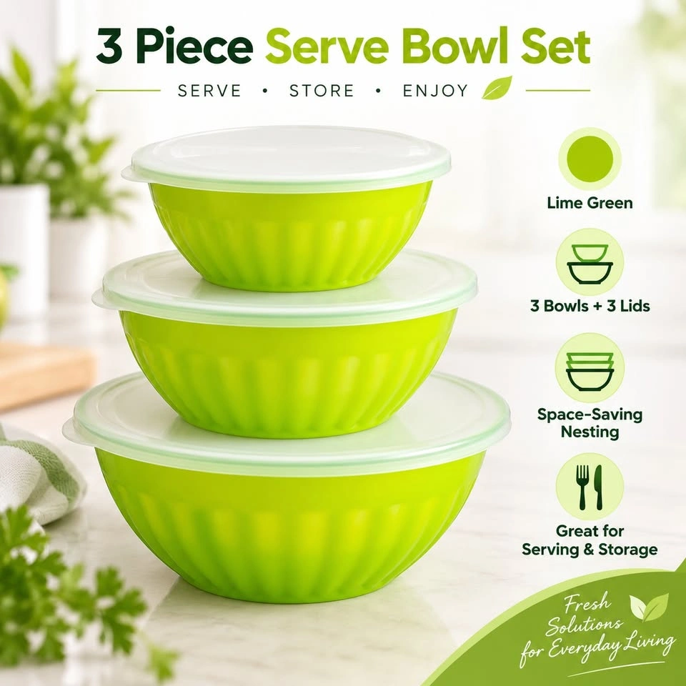 3-Piece Lime Green Serving Bowl Set with Lids - Brand New - photo 4