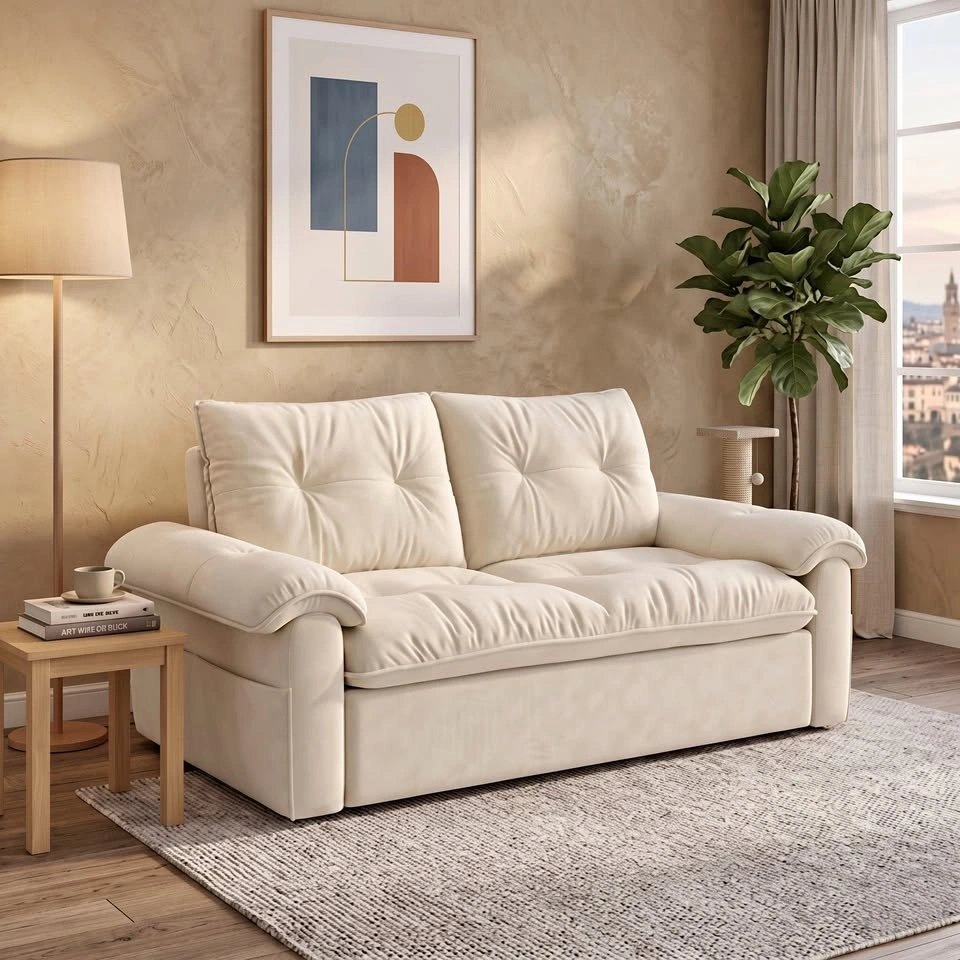 Minimalist Cream Fabric Sofa - Comfy Living Room Seating
