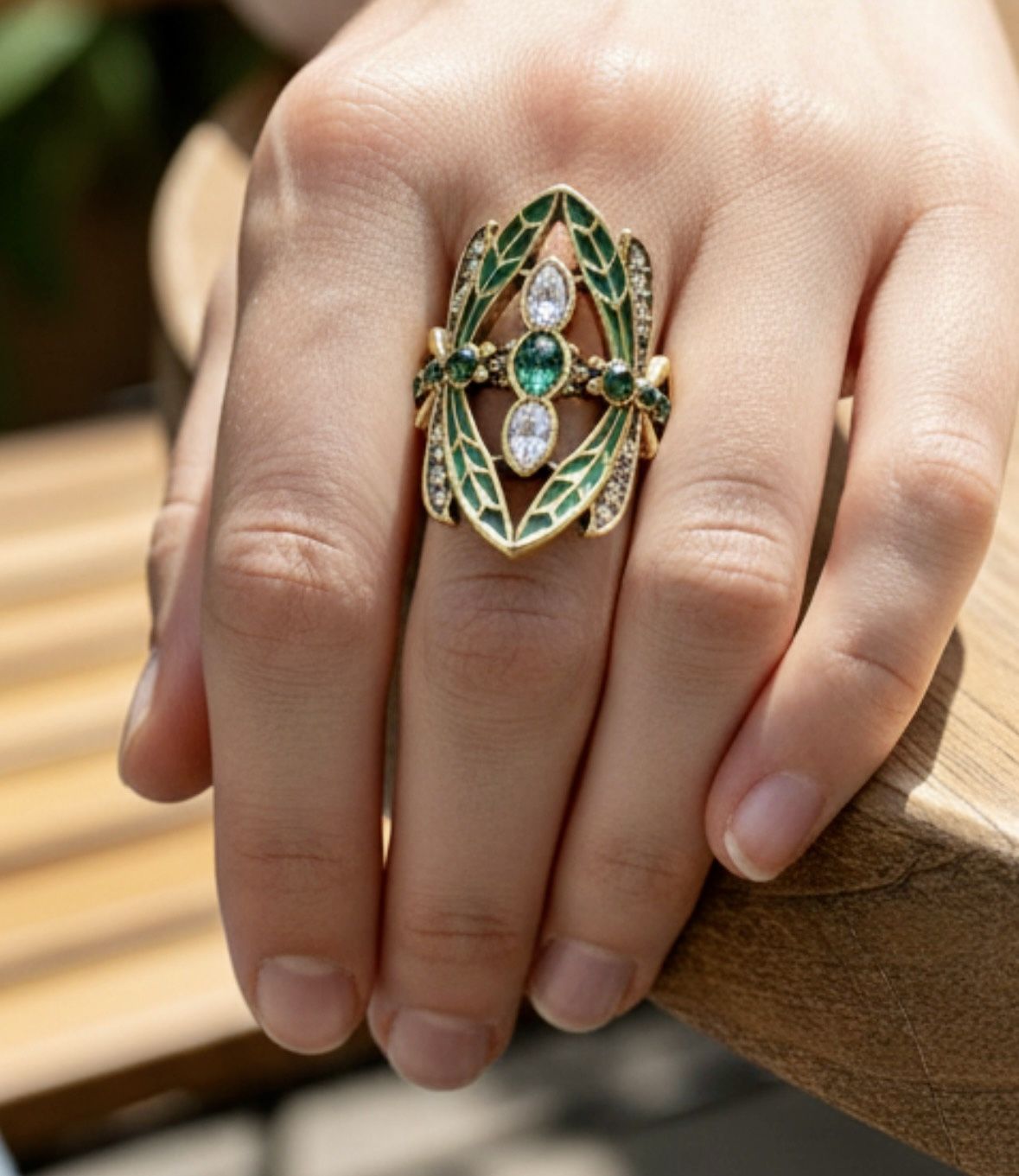 Vintage style Green Enamel and Crystal Statement Ring