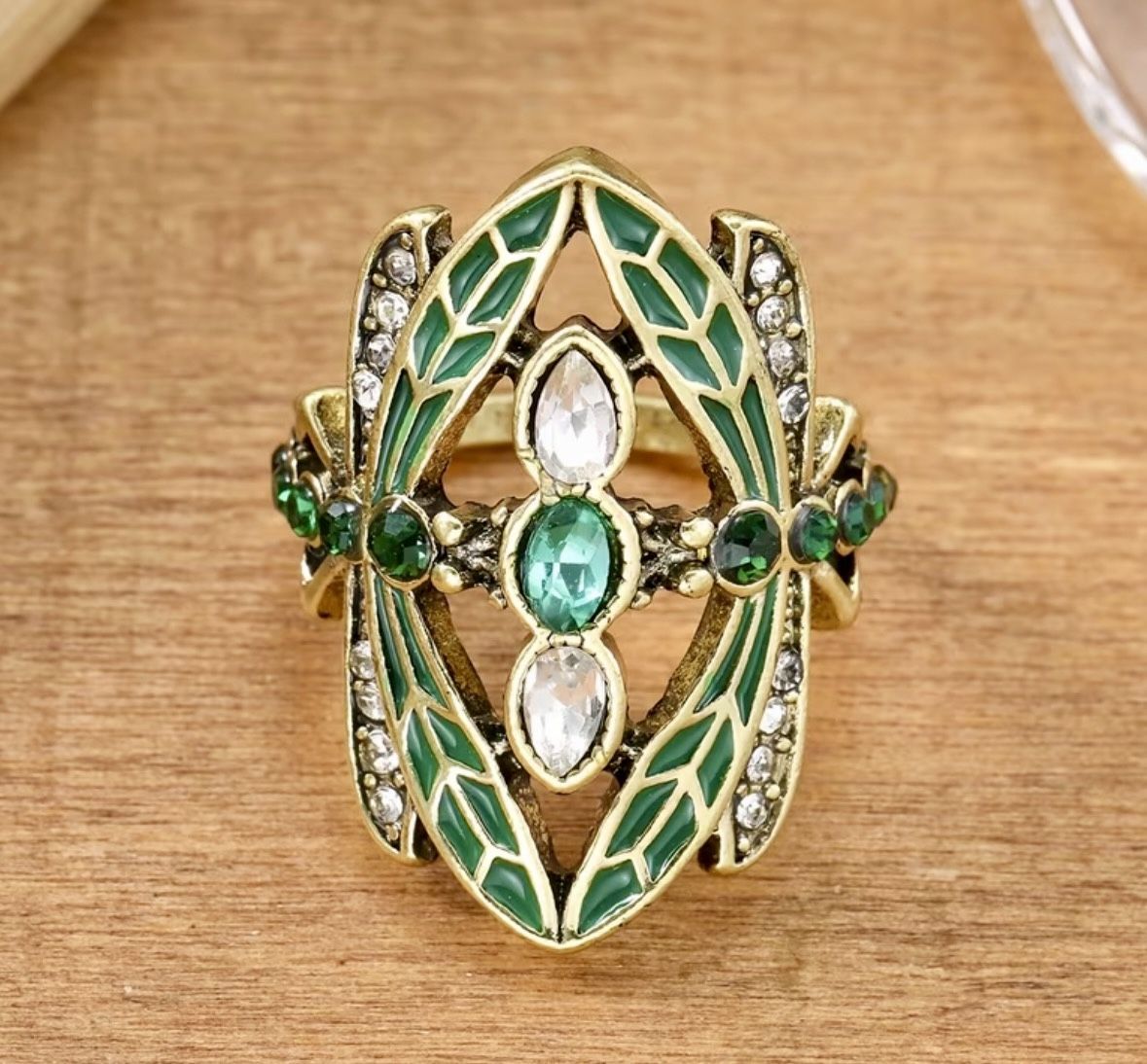 Vintage style Green Enamel and Crystal Statement Ring - photo 2