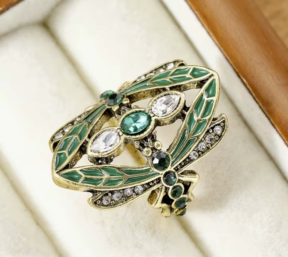 Vintage style Green Enamel and Crystal Statement Ring - photo 3