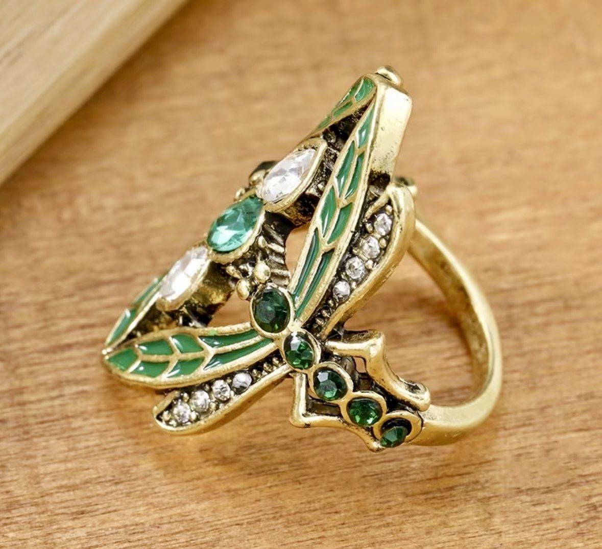 Vintage style Green Enamel and Crystal Statement Ring - photo 4