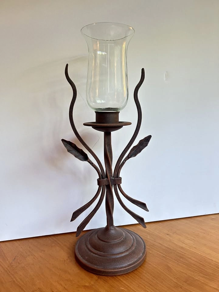 Bronze finished iron candle holder with hurricane glass