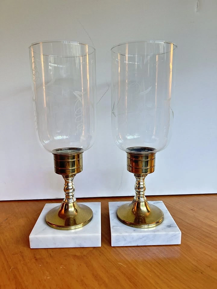 Vintage brass and marble hurricane candle holders