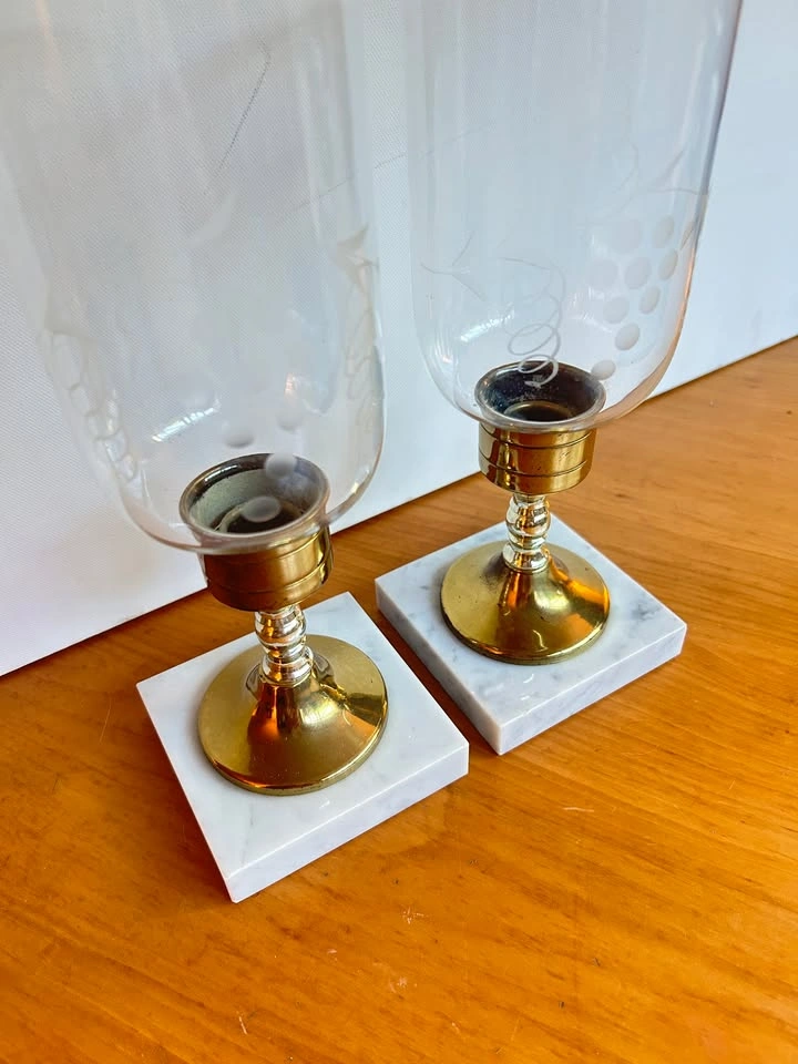 Vintage brass and marble hurricane candle holders - photo 2