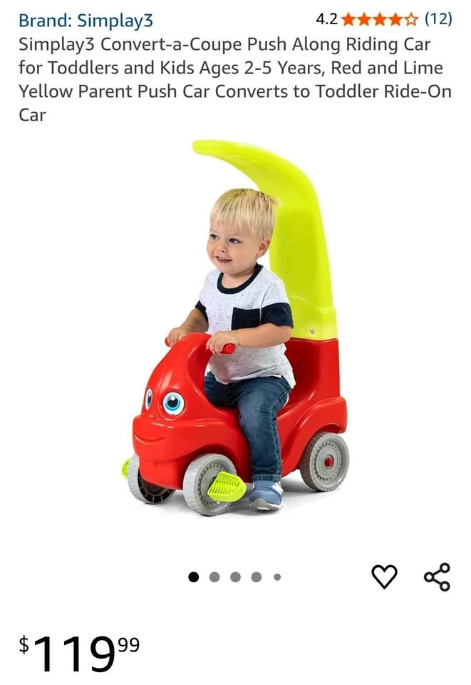 Simplay3 Convert-a-Coupe Push Along Riding Car Red Lime Yellow
