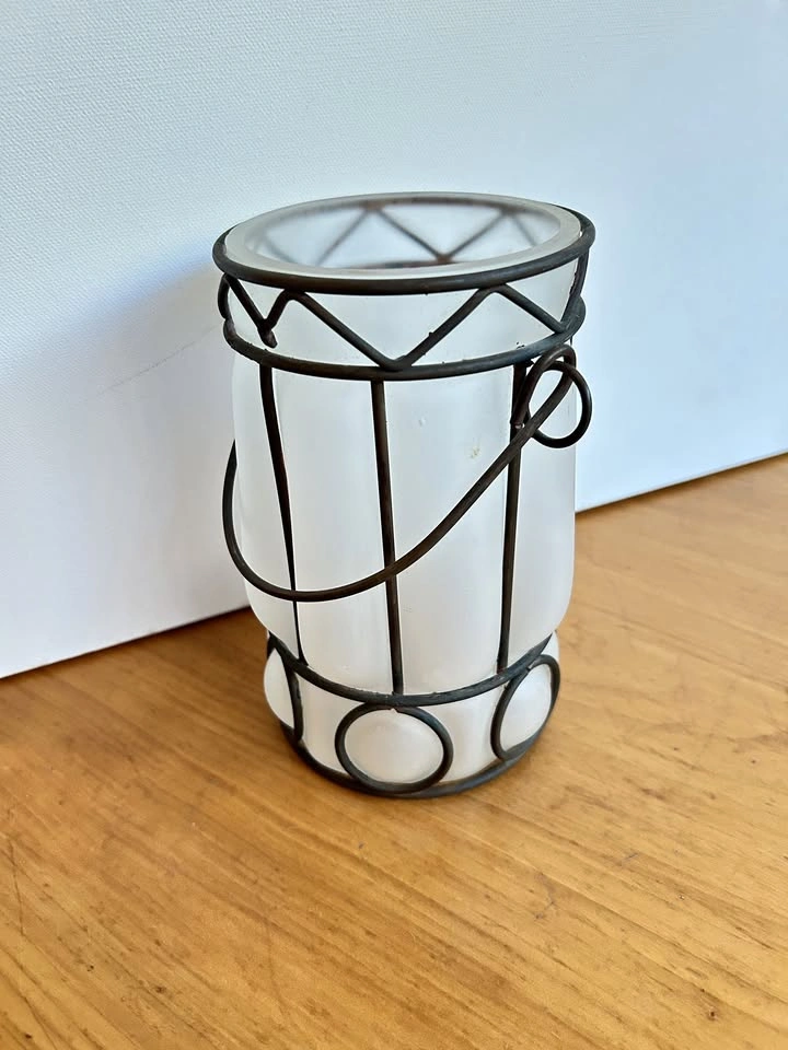 Vintage caged blown glass pendant light / candle holder
