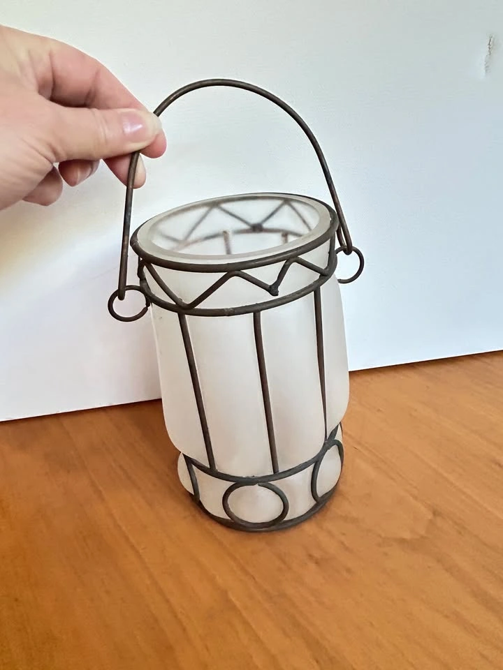 Vintage caged blown glass pendant light / candle holder - photo 2
