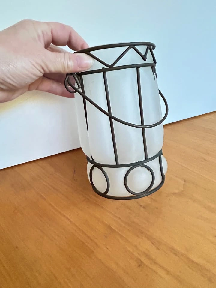 Vintage caged blown glass pendant light / candle holder - photo 4