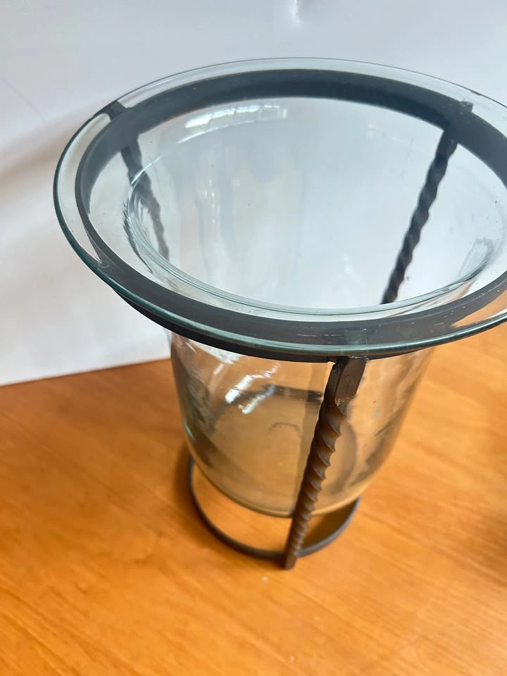 Tall hurricane glass vase with iron stand - photo 2
