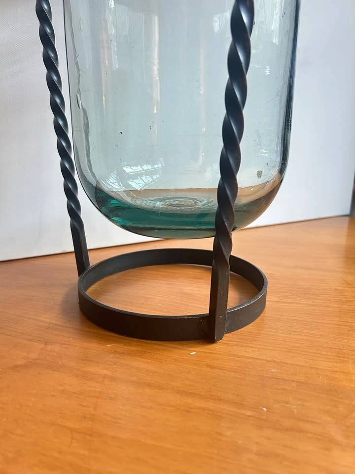 Tall hurricane glass vase with iron stand - photo 4