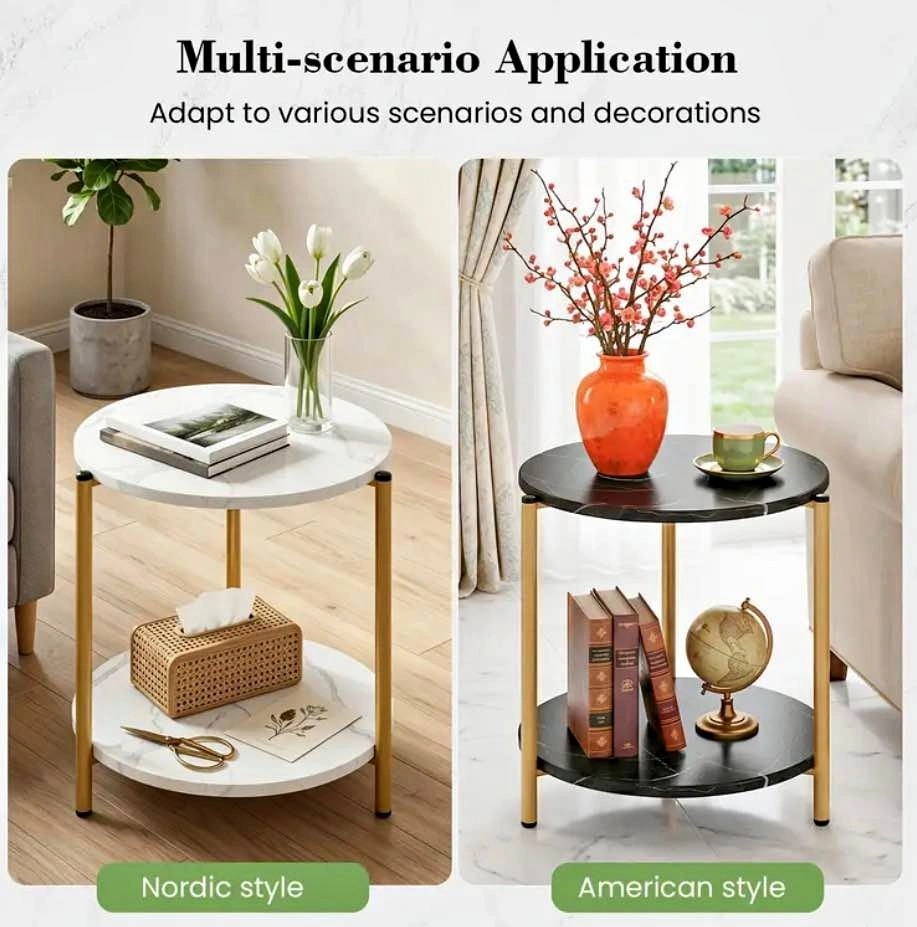 Side Coffee Table - 2 Tier Marble Shelf with Steel Frame