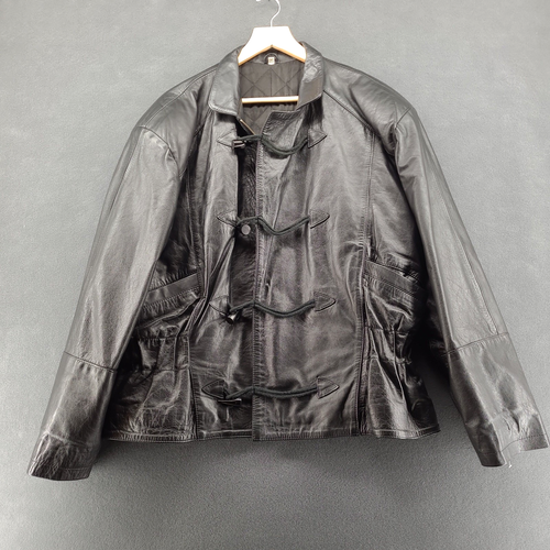 VTG Y2K Black Leather Jacket M Quilted Matrix Toggle Coat - photo 2