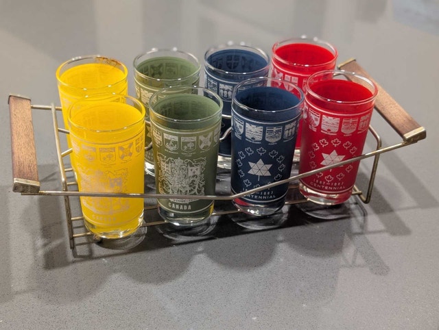 Vintage Canada Centennial Glass Set & Caddy