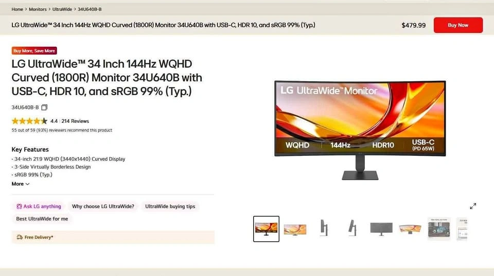 LG UltraWide 34 Inch 34U640B-B Curved Monitor