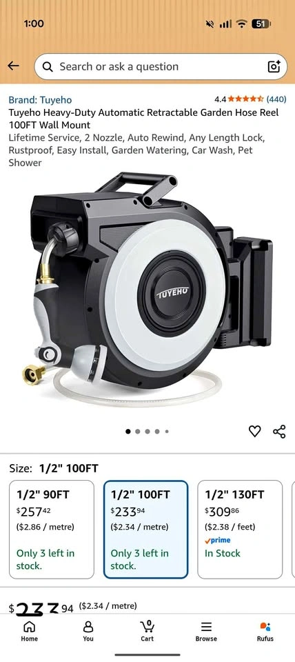 Tuyeho Heavy-Duty Automatic Retractable Garden Hose Reel 100FT