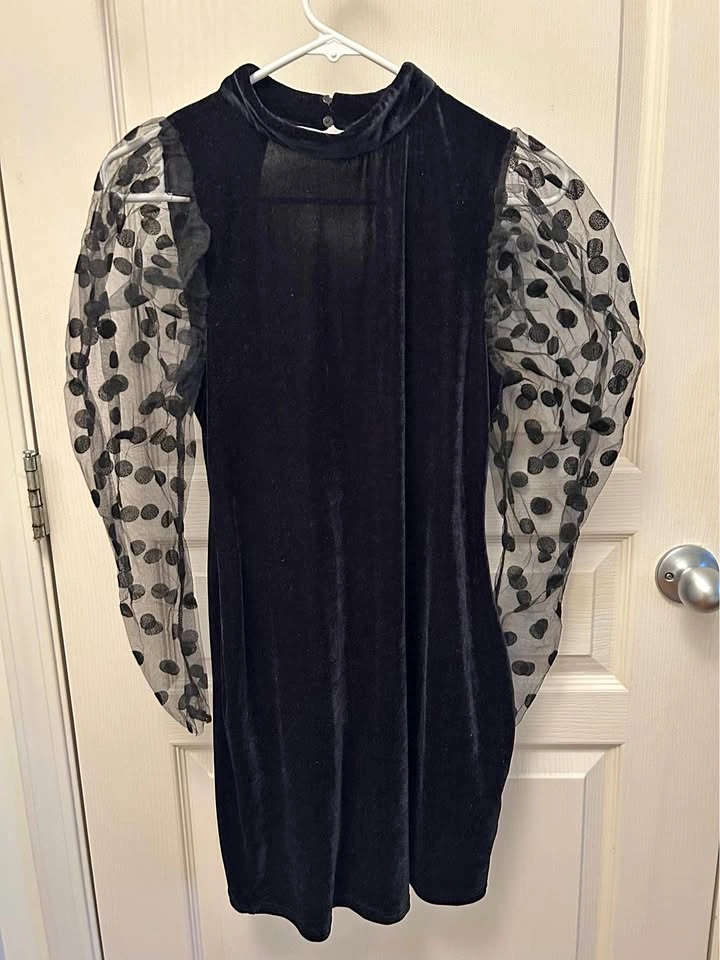 Black Velvet Zara Dress with Polka Dot Organza Puff Sleeves