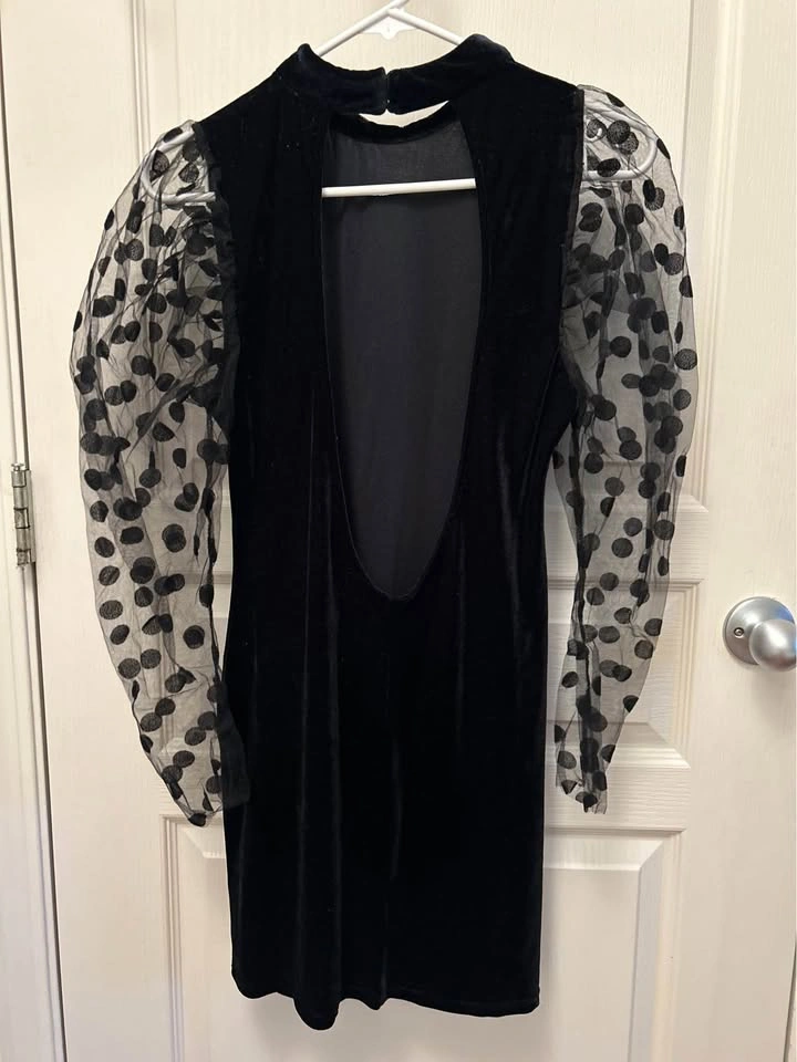 Black Velvet Zara Dress with Polka Dot Organza Puff Sleeves - photo 2