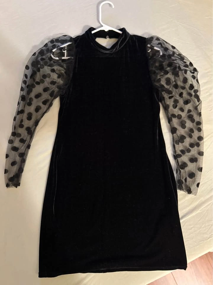 Black Velvet Zara Dress with Polka Dot Organza Puff Sleeves - photo 3