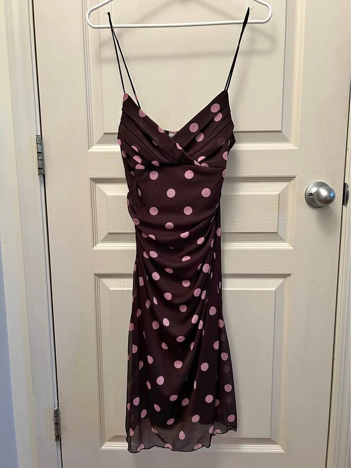 Brown & Pink Polka Dot Cowl Neck Midi Dress