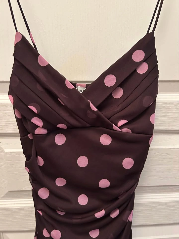 Brown & Pink Polka Dot Cowl Neck Midi Dress - photo 2