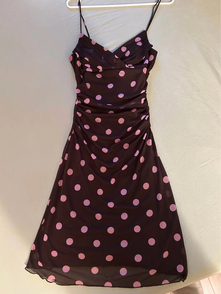 Brown & Pink Polka Dot Cowl Neck Midi Dress - photo 4