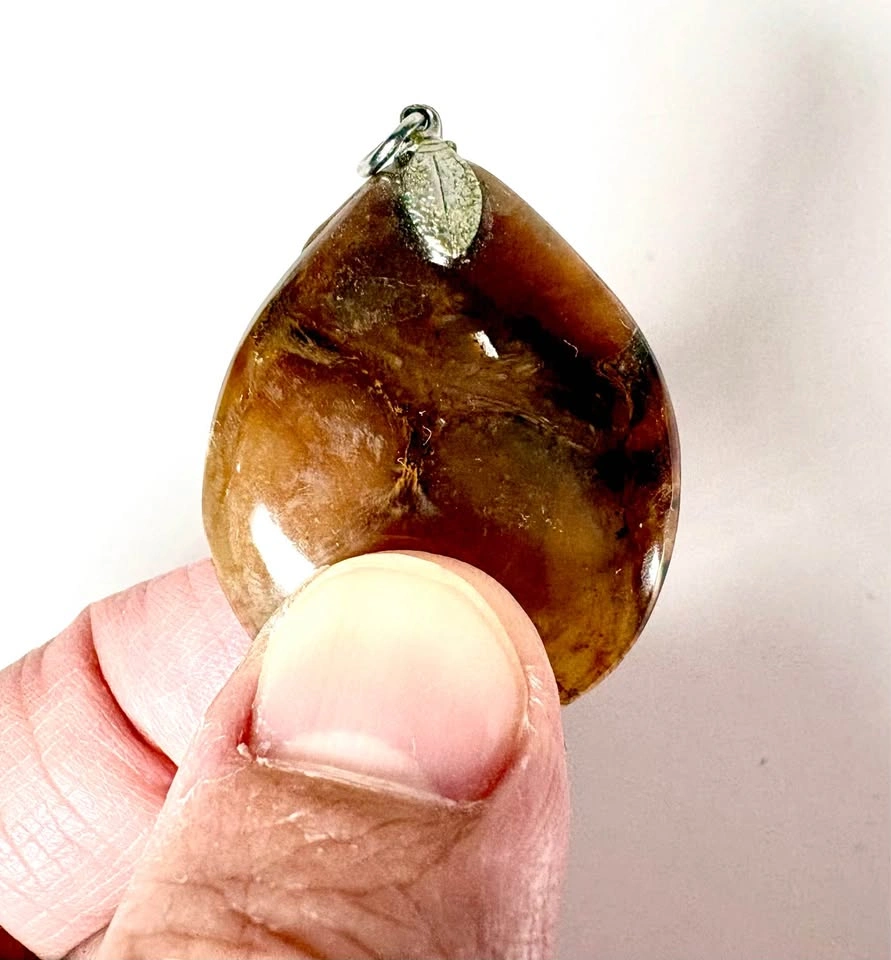 Polished Brown Stone Teardrop Pendant with Silver Leaf Bail - photo 2
