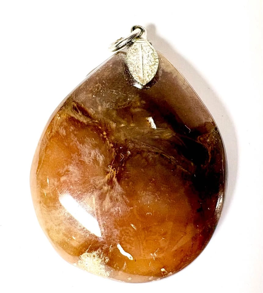 Polished Brown Stone Teardrop Pendant with Silver Leaf Bail - photo 3
