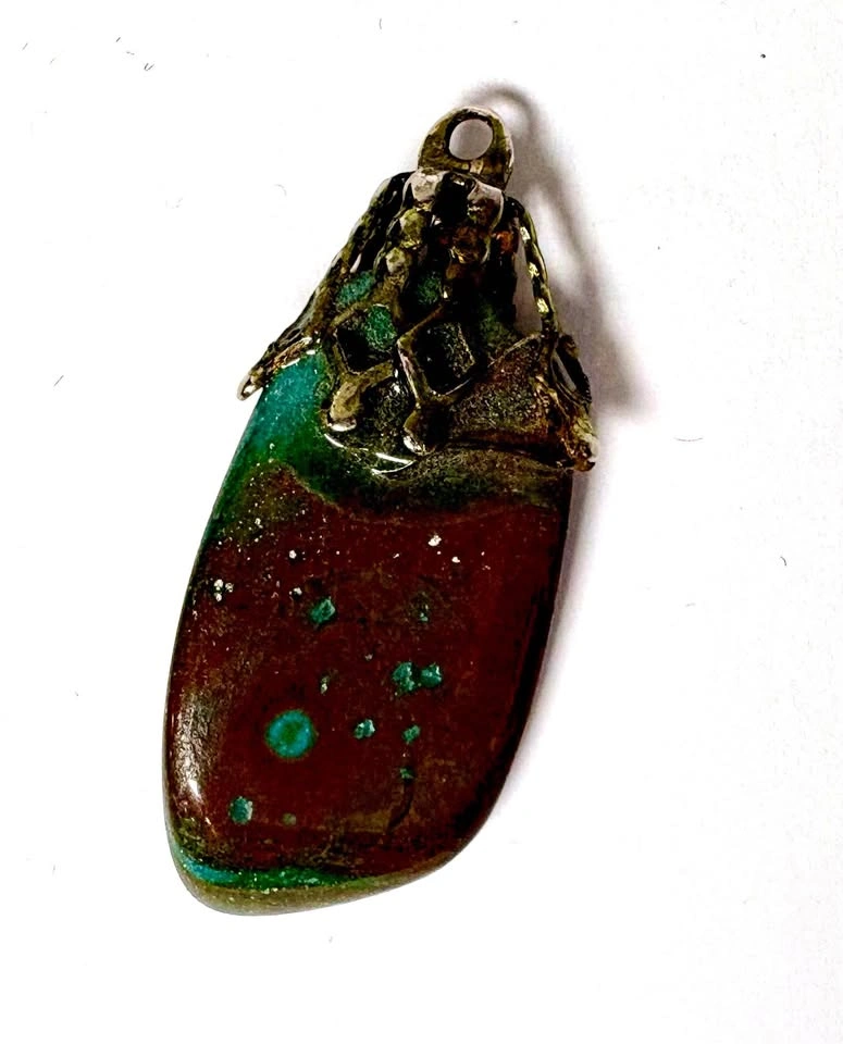 Vintage Polished Stone Pendant with Decorative Metal Bail