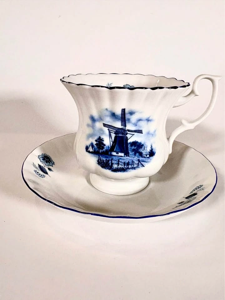 Vintage Delft Blue Style Windmill Teacup and Saucer Set