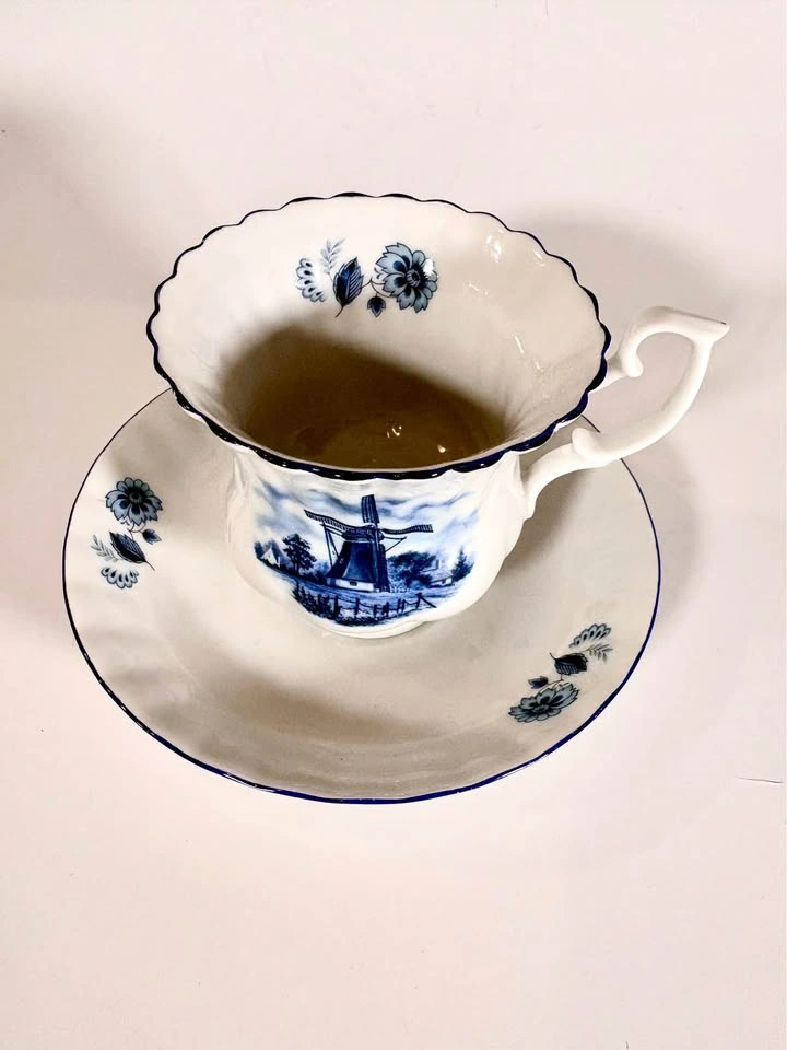 Vintage Delft Blue Style Windmill Teacup and Saucer Set - photo 2