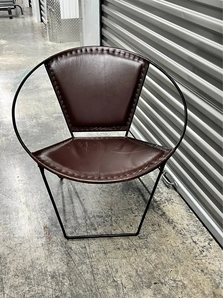 Brown Leather-Look Papasan Accent Chair with Metal Frame