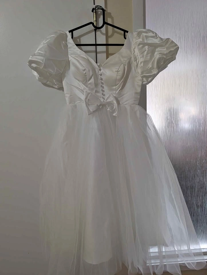 Cute Wedding White Puff Sleeve Tulle Dress