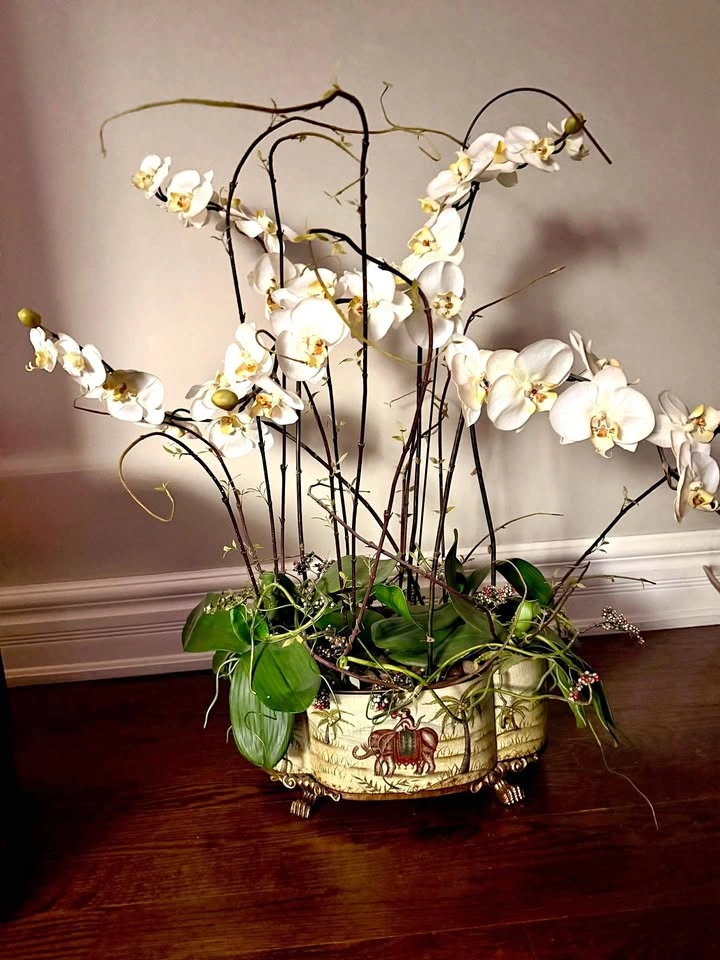 Large Artificial White Orchid Arrangement in Elephant Planter