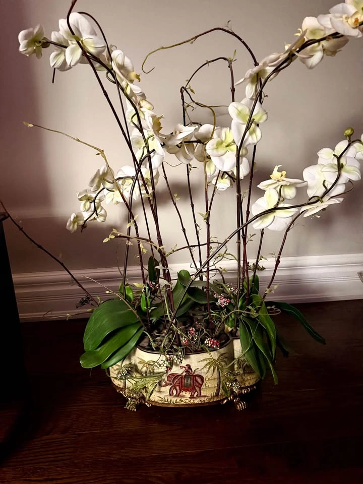 Large Artificial White Orchid Arrangement in Elephant Planter - photo 2