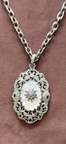 Mother Of Pearl Edelweiss Oval Filigree Pendant & 30” Chain