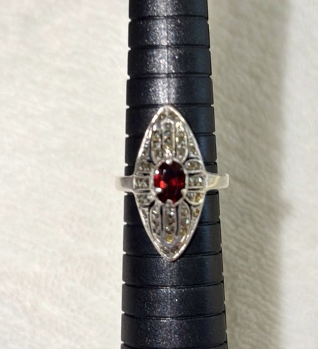 Vintage Sterling Silver Garnet & Marcasite Marquise Ring 6.5