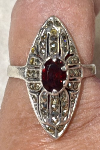 Vintage Sterling Silver Garnet & Marcasite Marquise Ring 6.5 - photo 5