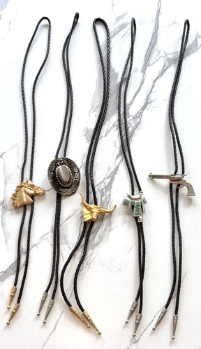 5pc Western Bolo Tie Mixed Lot Black Braided Cord Horse Bull Pis