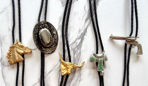 5pc Western Bolo Tie Mixed Lot Black Braided Cord Horse Bull Pis - photo 2