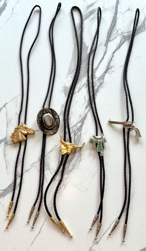 5pc Western Bolo Tie Mixed Lot Black Braided Cord Horse Bull Pis - photo 5