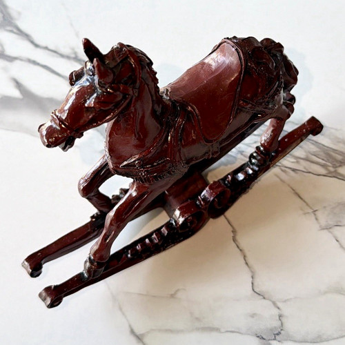 Vintage Rocking Horse Figurine Statue Mahogany-Look Decor