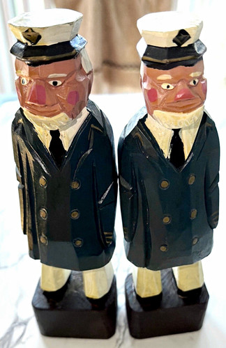 Wooden Sea Captain Sailor Hand Carved Figurines - Pair of 2