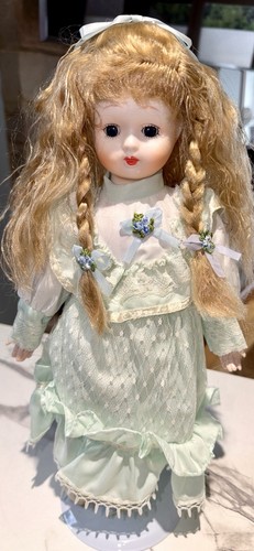 Porcelain Doll Collector-16” Blonde & Dark Blue Eyes-Metal Stand